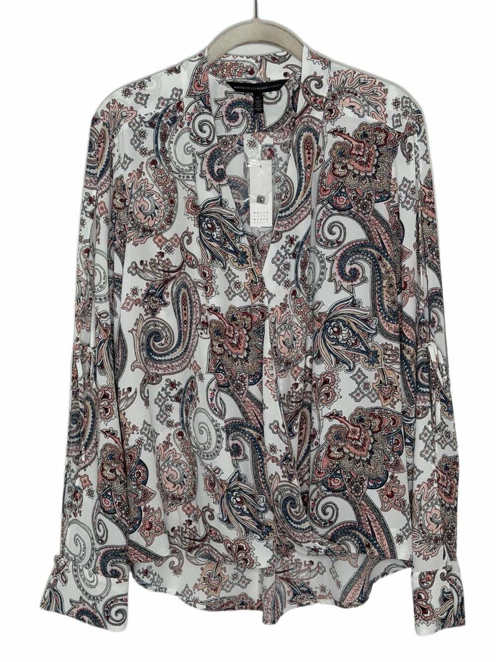WHITE HOUSE BLACK MARKET Paisley Wrap Blouse Long Open Sleeve Size 14 NWT